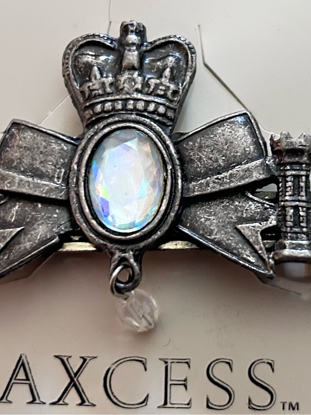 Axcess Silver Crown Bow Brooch with Iridescent Opal Glass. Vintage. New.